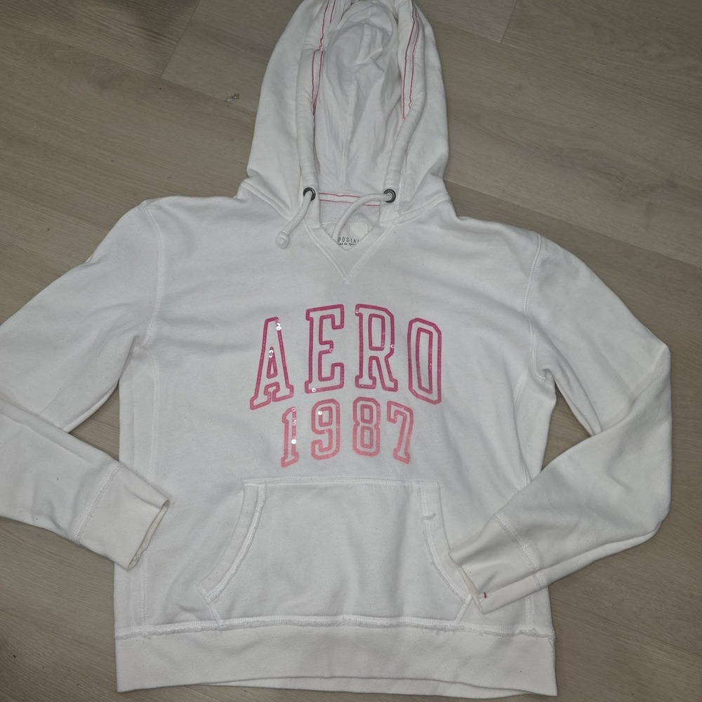 Aeropostale AERO NYC White Hoddie Pink Sequins 2014 Womens Size Large